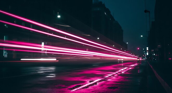 Dynamic city street light trails at night reflecting on wet urban road scene illustration