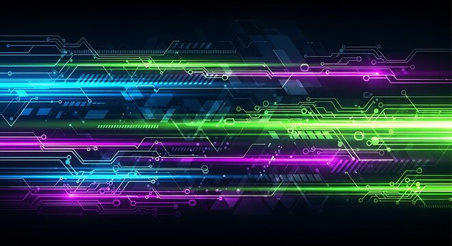 Abstract digital circuit board design with bright neon light effects