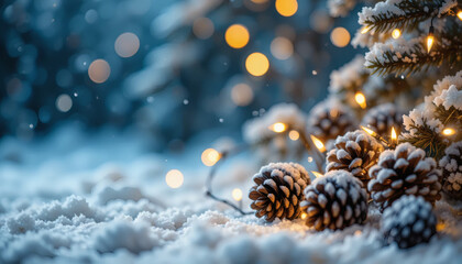 Winter holiday background with snow-covered pine cones and fairy lights, copy space