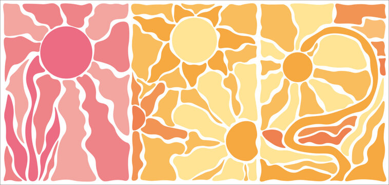 Affiches florale groowy et abstrait. Ensemble tendance floral et ensoleill&eacute;, couleurs d'&eacute;t&eacute;, fichier vectoriel