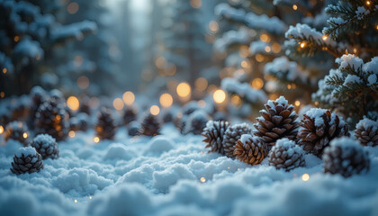 Winter holiday background with snow-covered pine cones and fairy lights, copy space