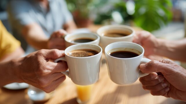 Four hands of diverse friends clinking coffee cups together in a joyful celebration, showcasing camaraderie and connection.