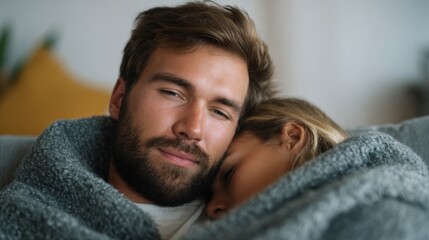Obraz premium Couple snuggled together under a cozy blanket, sharing a warm moment on the couch.