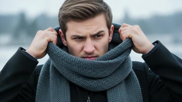 A serious young man pulls up his knitted scarf in the cold winter weather. Close-up portrait of a handsome male model outdoors. Moody and atmospheric fashion concept