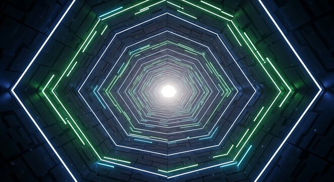 Futuristic glowing hexagonal light tunnel leading to a bright digital end illustration
