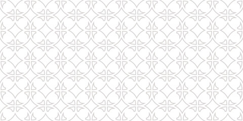 Subtle geometric seamless pattern with oriental arabesque motifs. Minimal background texture featuring quatrefoil lattice, star grid design. Light ornament for wallpaper, packaging, home decor, print