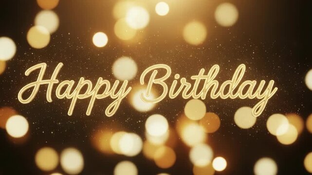 Golden Happy Birthday text with sparkling glitter animation. Elegant festive greeting with glowing bokeh lights. Special occasion party background