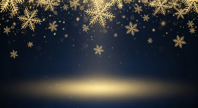 Golden snowflake pattern on blue background, creating a festive, elegant showcase, representing winter holidays, celebration, and magical atmosphere