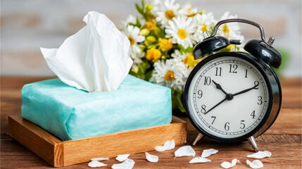 Bedside table scene featuring an alarm clock and tissues, illuminated by soft morning light with scattered petals and a fresh spring atmosphere
