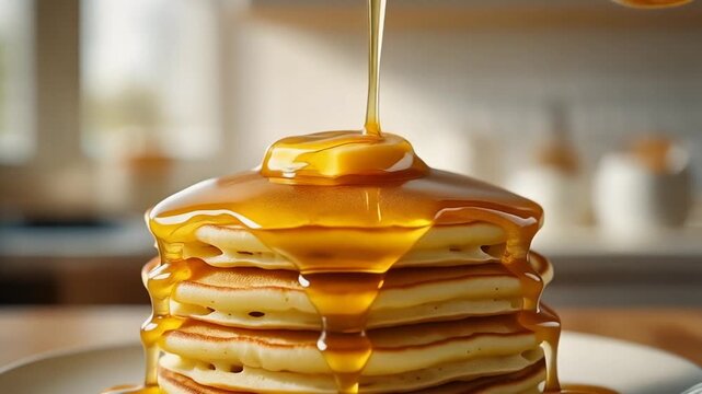 Stack of golden pancakes being drizzled with syrup, topped with butter, a delicious breakfast treat