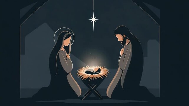 Modern animation of the Christian Nativity scene. Mary and Joseph adoring the baby Jesus glowing in a manger. The birth of Christ under the Star of Bethlehem. Religious Christmas vertical video