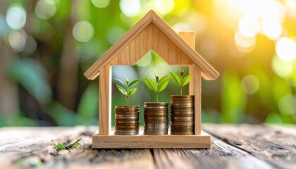 Conceptual image of home finances with wooden house frame and growing plants on coins stacks