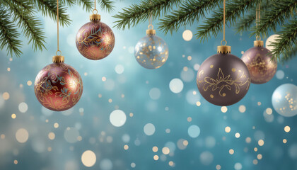 3D render of Christmas ornaments hanging over soft gradient background, elegant composition