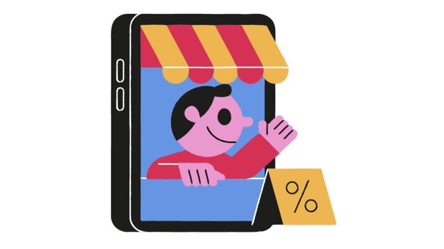 Animated cartoon man waving from mobile storefront with discount sign symbolizing online shopping.
