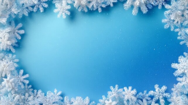 A serene winter scene with artificial snow flurries surrounding a tranquil blue background, perfect for festive designs.