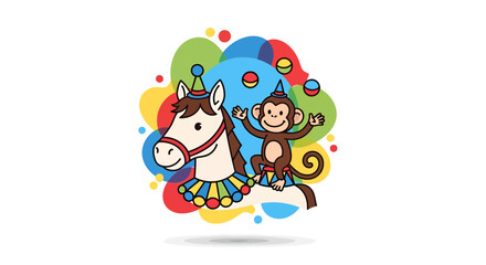 Fototapeta premium Delightful circus scene with a horse and monkey juggling, designed for children's entertainment