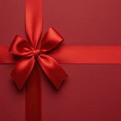 A vibrant red silk ribbon tied neatly into a classic decorative bow, resting centrally on a matching seamless deep red backdrop surface, ornament, wrapping, background