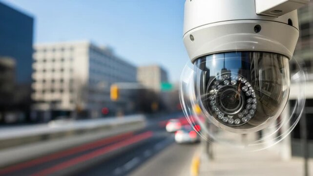 CCTV security camera monitoring city traffic. Close-up of a surveillance dome with a blurred urban street background. Public safety and smart city technology concept