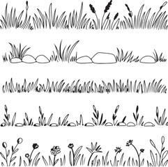 Black and white line art of grass and flowers in various arrangements and styles