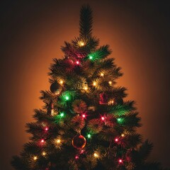 Beautifully decorated evergreen fir tree standing indoors for the winter holiday season, sparkling with festive lights and ornaments, plant, joyful, peaceful