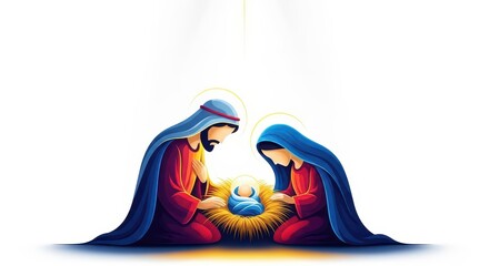 Classic scene of the holy family displayed prominently, emphasizing the birth narrative and spiritual meaning of the winter holiday season, gifts, celebration, seasonal