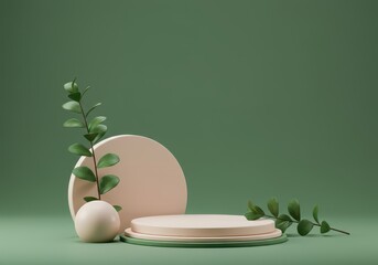 Clean, elegant geometric display platform adorned with simple natural foliage against a smooth verdant backdrop, studio shot, organic, podium, backdrop