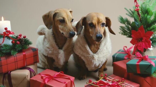 Two dachshund dogs in fluffy sweaters with Christmas presents and tree