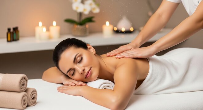 A serene young woman with eyes closed enjoys a relaxing back and shoulder massage from a therapist in a tranquil spa salon, with soft candlelight creating a peaceful ambiance