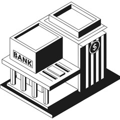 Modern bank building with dollar sign symbol and pillar entrance