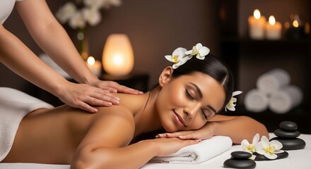 Peaceful woman receiving a therapeutic back massage from a professional masseuse in a tranquil spa setting with candles and aromatherapy for ultimate relaxation and self-care