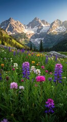 Fototapeta premium Close up of colorful mountain meadow flowers set against a background of towering, snow-dusted, jagged western peaks in bright sunlight, wildflower, mountain, dramatic