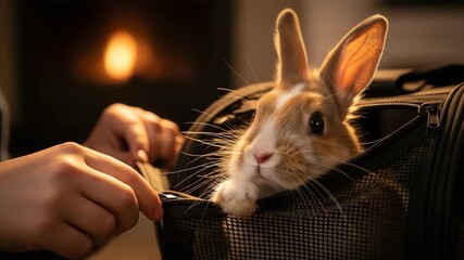 A cute rabbit peeking out of a pet carrier bag. Person's hands gently prepare the bunny for travel in a cozy home. Pet ownership and animal care concept
