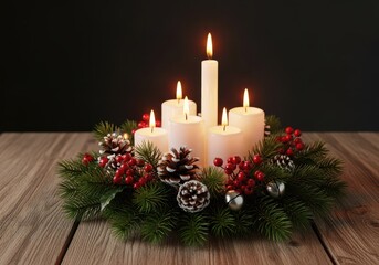 Detailed view of a beautiful holiday centerpiece featuring candles, pine needles, red berries, and festive ornaments displayed on a rustic table, celebration, berry, bauble