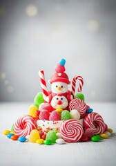 Festive holiday background composed entirely of sweet treats like hard candy, colorful gumdrops, and sugary icing decorations, red, decoration, hard candy