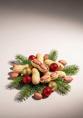 Festive holiday peanuts arranged artfully with glittering small ornaments and green fir branches, symbolizing seasonal snacking and unique decorations, still life, december, greetings