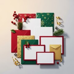 Festive holiday stationery arrangement with blank cards, decorative envelopes, and seasonal embellishments ready for writing Christmas greetings, sending, desktop, celebration