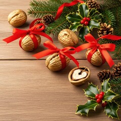 Festive shelled walnuts painted gold and tied with red ribbon, scattered on a wooden table among traditional holiday greenery and pinecones, Still life, Dessert, Winter