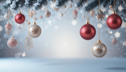 3D render of Christmas ornaments hanging over soft gradient background, elegant composition