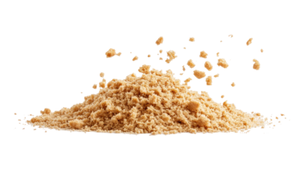 Pile of cake crumbs and cookie pieces flying in the air showing sweet dessert explosion detail isolated on white background