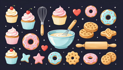 Colorful baking ingredients and pastries on dark background