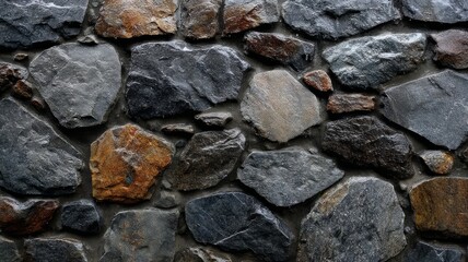 Close-up of wet stone wall covered in raindrops, displaying various textures and earthy tones. Natural lighting enhances surface details. Rugged surface adds rustic charm. Neural network AI generated