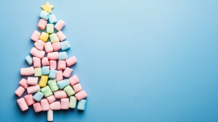 Colorful marshmallows arranged in the shape of a Christmas tree on a blue background.
