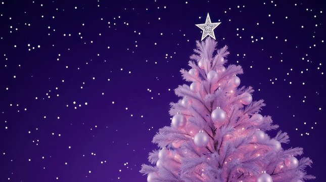 Pink Christmas tree with ornaments and star on top under a starry purple night sky - Powered by Adobe