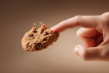 Hand Pinching A Bite-Sized Cookie Between Thumb And Index Finger, Cinematic Macro-Style Lighting, Soft Background Isolation With Natural Hand Tones, Detailed Cookie Texture Show