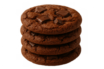 Stack of four chocolate chip cookies with chocolate chunks and transparent background, delicious sweet dessert snack