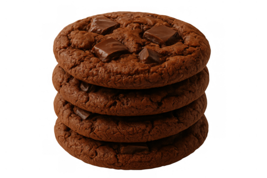 Stack of four chocolate chip cookies with chocolate chunks and transparent background, delicious sweet dessert snack