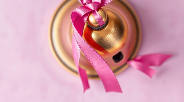 Elegant gold bell with pink ribbon accessories on a soft pink background, perfect for special events and celebrations
