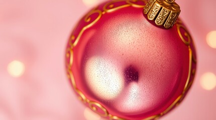 Bright red holiday ornament hanging against a soft pink background with warm fairy lights during the festive season
