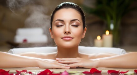 A beautiful serene woman with closed eyes blissfully relaxing in a luxurious spa bath with steam and red rose petals. A concept of hydrotherapy, wellness, and self-care