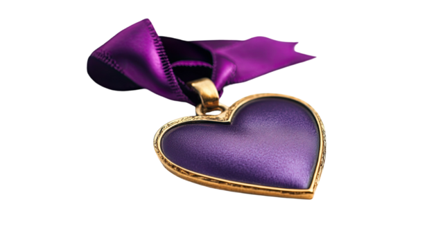 Purple heart medal with golden ribbon and detailed military honor symbol showing bravery and heroism award isolated on white background - Powered by Adobe